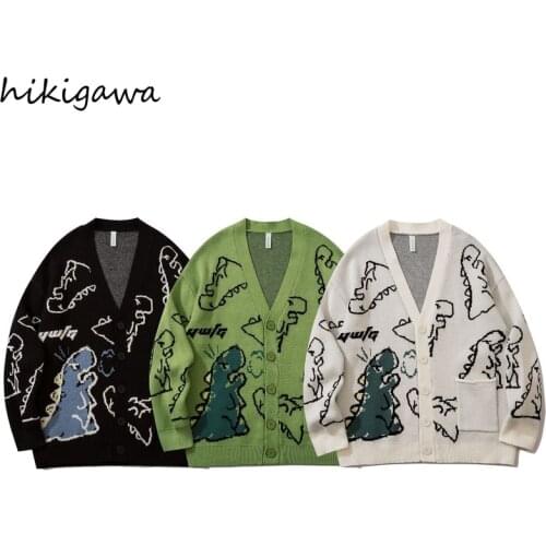 Hikigawa Fashion Streetwear Cartoon Print Cardigan Women 2021 Autumn Hip-hop Loose Wild Couple Knit Jacket Casual V Neck Sweater
