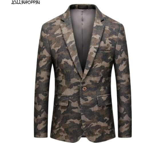 Men Camouflage Woollen Suit Jacket Notched Lapel Single Button Back Vent Camo Pattern Military Style Coat 2021 New Outerwear