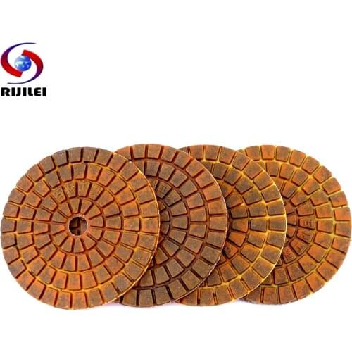 RIJILEI 4PCS Longer Life 4 Inch Metal Copper Bond Wet Diamond Polishing Pads Sanding Disc Grinder for Granite Marble Stone
