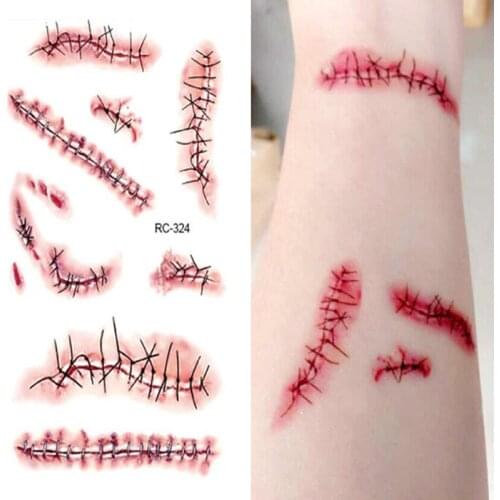Halloween Tattoo Stickers Halloween Terror Realistic Stitched Injuries Wounds Non-toxic Long Lasting Temporary Tattoo Stickers