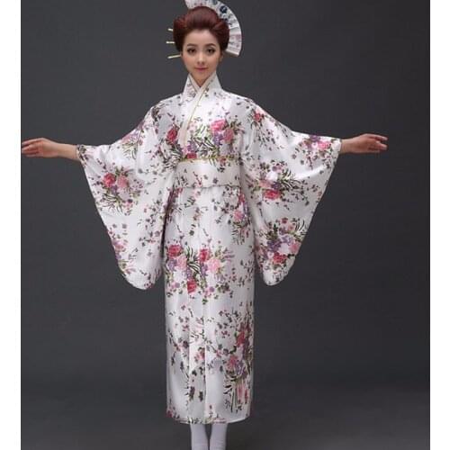 New Arrival Japanese Traditioinal Satin Kimono Classic Yukata With Obi Sexy Vintage Womens Prom Dress Floral One Size
