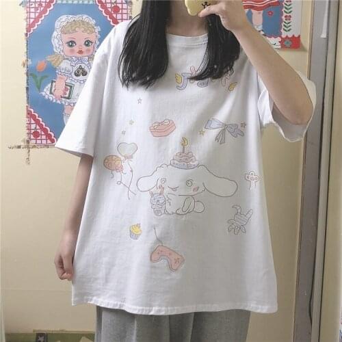 OLOMLB Harajuku O-Neck Kawaii Loose Short-Sleeve T-Shirt Womens Soft Sweet Cartoon Tees Female Summer Japanese Style Top