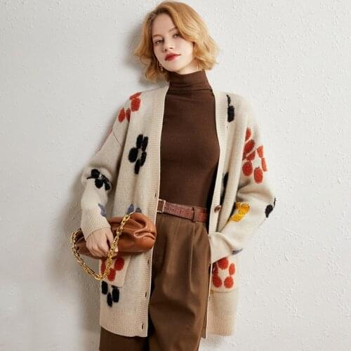 2021 autumn and winter cashmere sweater womens long-sleeved knitted cardigan jacquard sweater cardigan