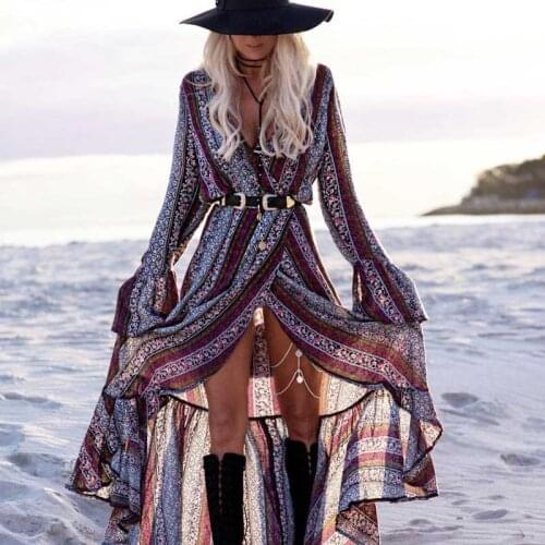 Beach Dress Casual Floral Printed Sexy Split Long Sleeve Tunic Wrap Summer Dresses Hippie Chic Vestidos 2020
