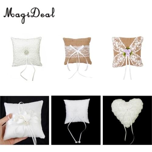 MagiDeal Crystal Flower Wedding Ring Pillow Cushion With Ribbon Lace Rustic Wedding Party Decoration Supplie