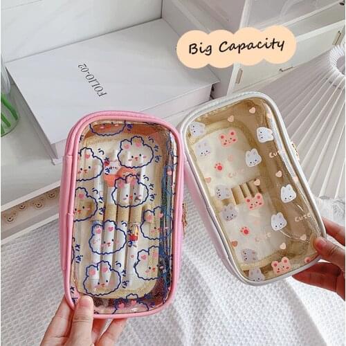 Transparen Bear Rabbit Big Capacity Pencil Bag Pens Pouch Storage Case Brush Holder Kids Birthday Gift School Stationery
