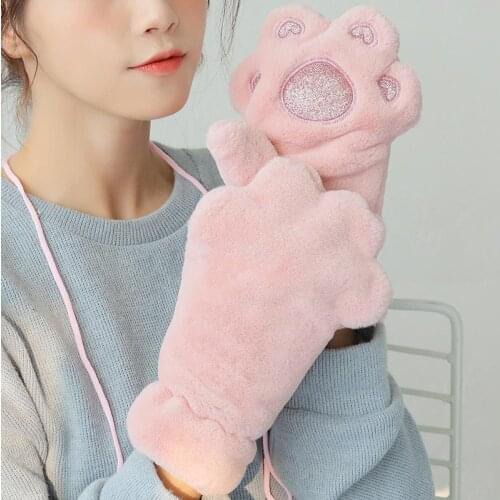 Pink Grey Beige Women Cute Cat Claw Paw Plush Mittens Warm Soft Plush Short Finger Fluffy Cat Short Gloves Costume Winter