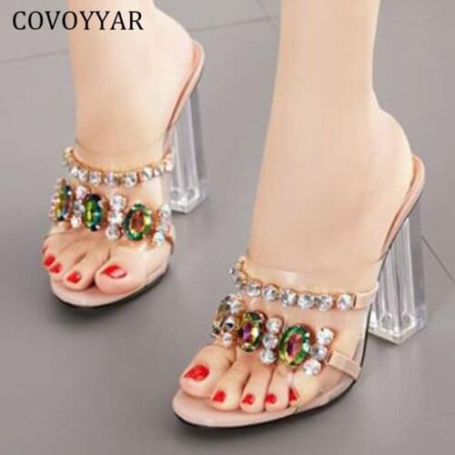 COVOYYAR Trendy Heeled Women Slippers Crystal Diamond Transparent Slides Women Shoes Fashion Mules High Heels WSL212