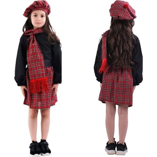 Scotch girl Scotland Costume Head Dress Headwear Scarf Baby Girls Full Suit Children Halloween Scottish Kilt Cosplay dress