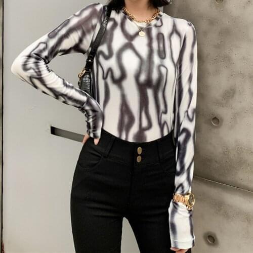 Tie Dye Gradient Transparent Mesh Top Fashion Long Sleeve T-shirt Women Crop Tops Tees See Through Sexy T-shirts 2020 y2k top