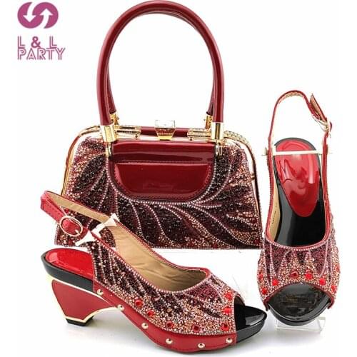 Wine High Quality New Arrivals Specials African Women Shoes and Bag Set Mature Style Wedding Sadnals with Shinning Crystal
