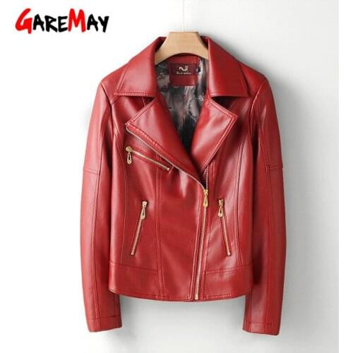 2021 Spring Autumn Womens Faux Leather Jacket Moto Biker Zipper Asymmetric Red PU Imitation Leather Women Coat Oversize Winter