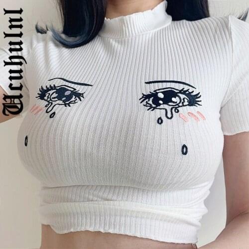 Ucuhulnl Womens T-shirt Tank Top Pullover Anime Embroidery Cute Crying Eyes Lolita Costume Y2k Womens Belly Button