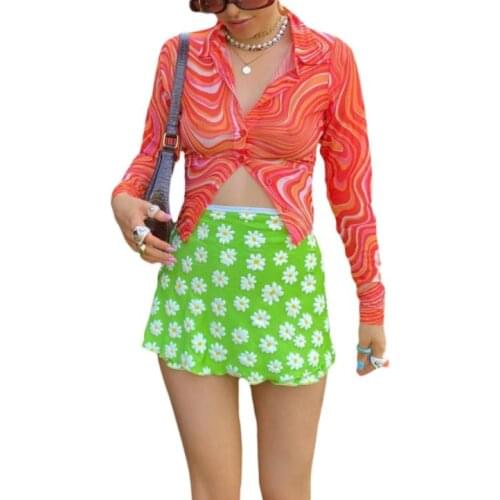 Women See Through Printed Shirt, Long Sleeve Deep V-neck Button-up Tops for Spring, Autumn