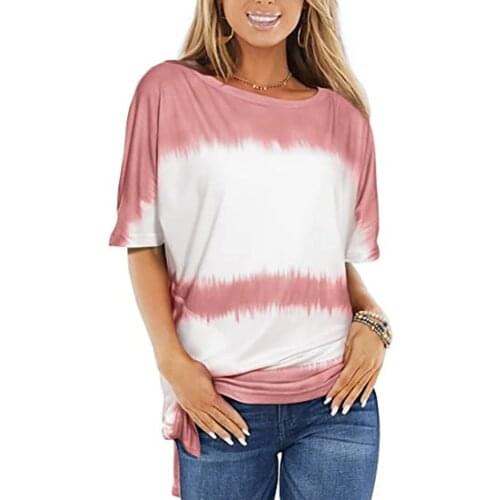 Tie-Dye Print Plus Size Short-Sleeved Tops Womens Pullover Round Neck T-Shirt Summer Casual Clothes Graphic Tee Shirt Pink