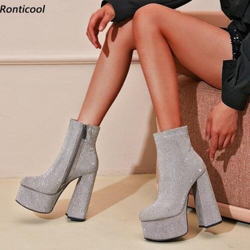 Ronticool Women Winter Platform Ankle Boots Hoof Heels Shiny Rhinestone Round Toe Black Grey Party Shoes Women US Size 5-9.5