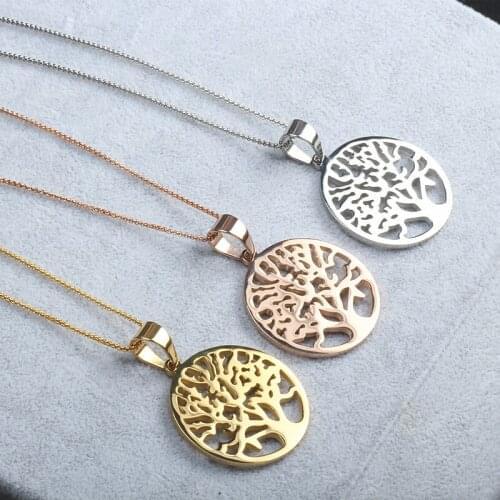 Stainless steel family tree of life pendant necklace for women hollowed-out gold rose gold steel color stainless steel jewelry