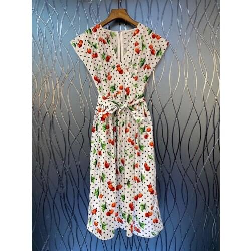 100%Cotton Womens Dress 2021 Autumn Winter Ladies V-Neck Polka Dot Print Mid-Calf Length Casual Sweet Party Club Dress Vestido