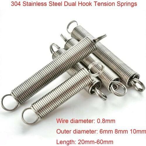 5Pcs 0.8mm Wire Dia 304 Stainless Steel Dual Hook Tension Extension Spring Outer Dia 6/8/10mm Length 20mm - 60mm
