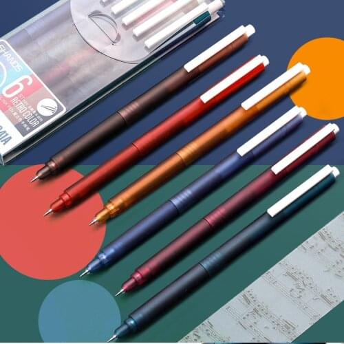 6pcs Retro Color Gel Ink Pens Set 0.5mm Ballpoint Tip Matte Body White Clip Liner Marker Drawing Signature School Supplies A6781