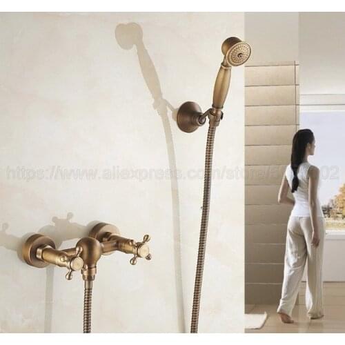 Antique Brass Bathroom Shower Faucet Bath Faucet Mixer Tap With Hand Shower Head Shower Faucet Set Wall Mounted ztf301