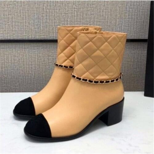 Chain Martin Boots Metal Decoration Short Boots Splice Plaid Rider Boot Mixed Colors Leather Boots Thick High Heel Womens Shoes