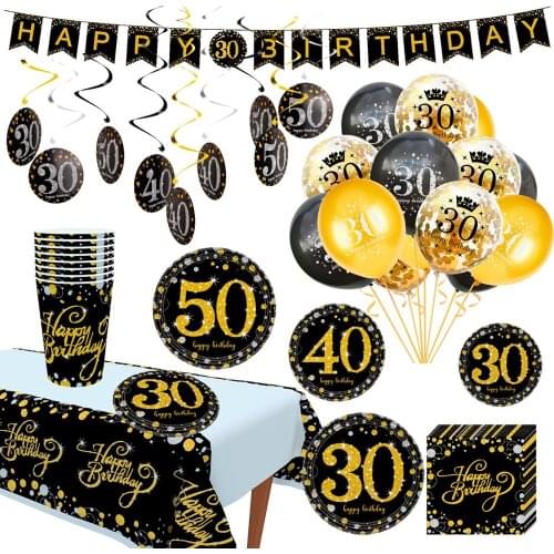 Black Gold Birthday Tableware Balloons 30 40 50Years Party Decor Adult Happy 30th 40th 50th Anniversary Birthday Party Supplies