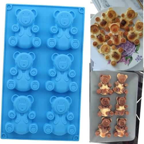 6 Holes 3D Lovely Bear Form Cake Mold Silicone Mold Baking Tools Kitchen Fondant Cake Mold Blue Color Baking Supplies
