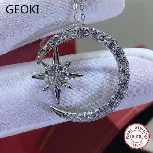 Geoki 925 Sterling Silver Passed Diamond Test 0.5-1 Ct Perfect Cut D Color VVS1 Moissanite Sunshine Star Moon Pendant Necklace