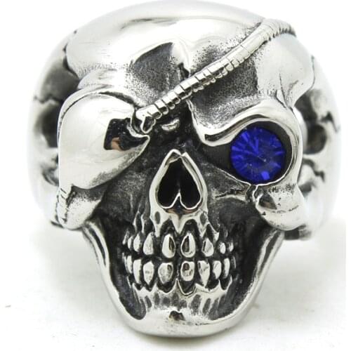 Hot!!!!!!!!Fashion Mens Ring 316L Stainless Steel Cool Single Eyed Skull Ring With Blue Stone Top Quality