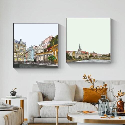 City Buildings Landscape Nordic Water Oil Painting On Canvas Wall Art Aesthetic Room Decor Posters and Prints Bedroom Decoration