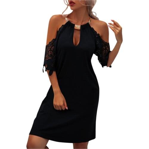 Fashion Vintage off-the-shoulder Dress Womens Sexy Solid Color Lace Sleeve Halter Neck Strapless Dress Casual Elegant Dress