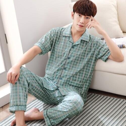 Men T Shirt Cotton Pajama Set 4XL Sleepwear Sexy Mens Turndown Collar Tshirts + Pants Brand Short Sleeve Plaid Casual Tracksuit