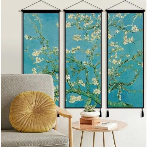 3pcs Pastoral Style Canvas Poster Floral Wall Art Painting Wood Scroll Hanging Painting Picture Abstract Home Decor Living Room