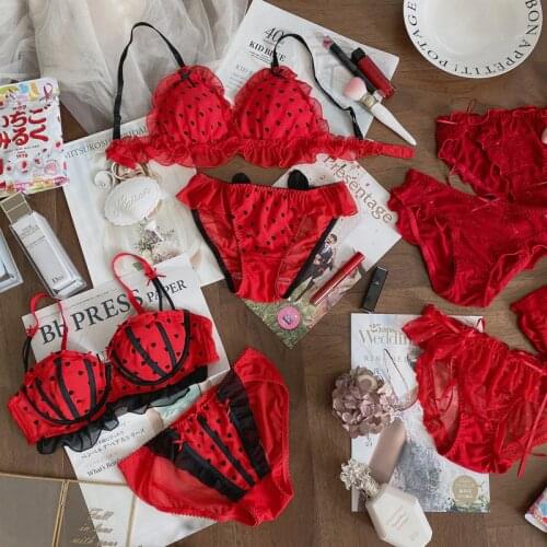 Underwear Women Clothes Red Bra and Panty Set My Melody Ruffles Ethika 2 Piece Seamless Lingerie Femme Fox Gathered Bra Panties