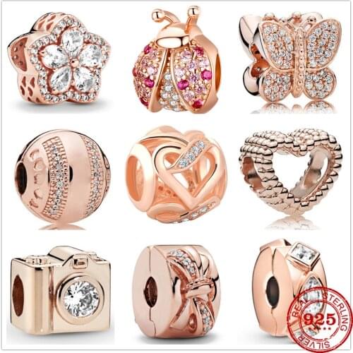 New 925 Sterling Silver Sparkling Flower Butterfly Ladybug Bead Charms Rose Gold Fit Pandora charms Bracelets Women DIY Jewelry
