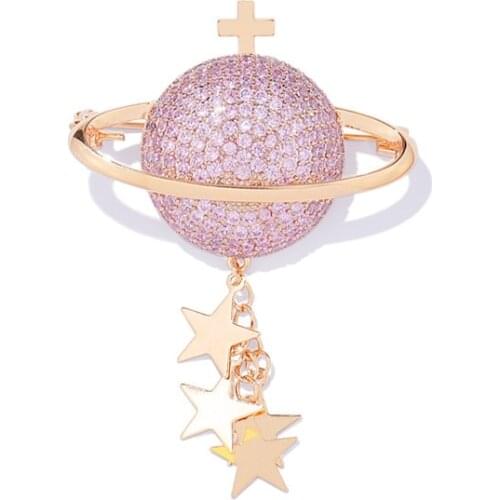 Luxury Pink Cubic Zircon Planet Stars Charms Brooch For Women Statement Brooches Pin Clothes Accessories Jewelry Gift