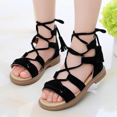 Lace-up Girls Sandals 2021 Summer Non-slip Soft Bottom Student Princess Kids Roman Shoes Fashion Tassels Children Beach Sandals