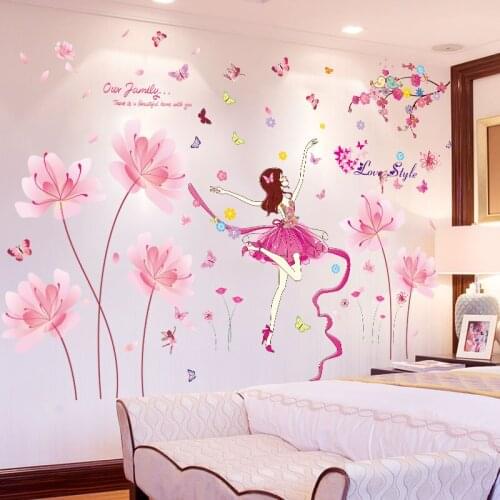 [shijuekongjian] Pink Color Flowers Wall Stickers DIY Girl Dancer Wall Decals for Kids Bedroom Living Room House Decoration