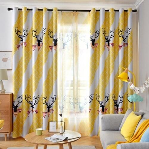Geometric Trigon Printed Curtains Tulle for Living Room Kids Bedroom Modern Yellow Drape Deer Pattern Shading Fabric