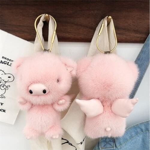 Cute Real Mink Fur Pig Keyring Angel Piggy Toy Key Chain Handbag Car Phone Pandent 18cm Height
