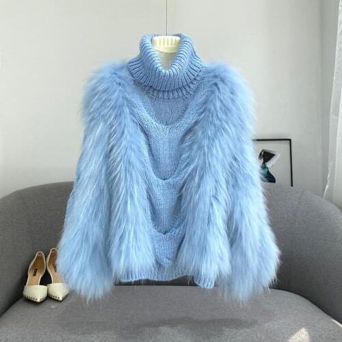 Knitted Sweater Raccoon Fur Women Autumn Winter Natural Fur Turtleneck 2021 New Style Female Short Ladies Sweaters Plus Size
