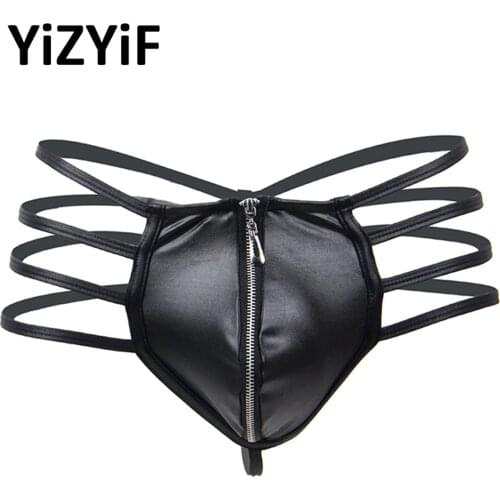 Men Sissy Faux Leather Panties Sexy Bandage Bulge Penis Pouch String Bikini Jockstrap Briefs Men Gay Sexy Underwear