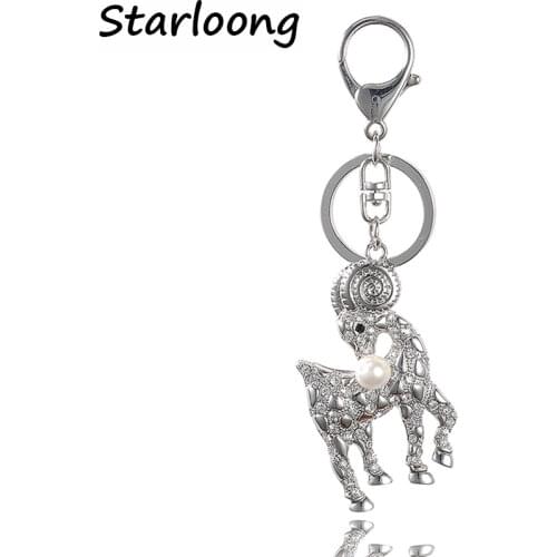 High Quality Drip Alloy Keychain Chaveiro drop oil goat with pearl bead rhinestone crystal KeyChain women stainless Key Ring