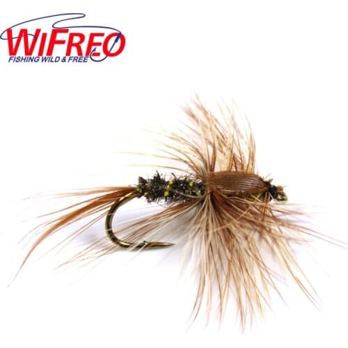 Wifreo 10PCS #8 Brown Hackle Golden Rib Herl Peacock Nymph Spinner Baetis Fly Bait Trout Fly Fishing Flies & Lures