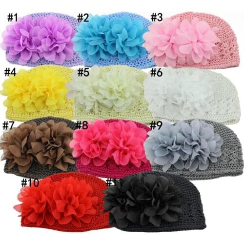 M size woman Handmade Cotton Crochet Kufi Hats with Big Chiffon Flowers Caps 10pcs/lot MZ03