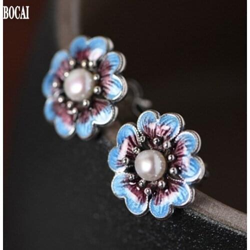 BOCAI new 100% real S925 pure Silver fashion Jewelry Thai Silver Burning Blue Earrings for Women Cloisonne Pearl Woman Earrings
