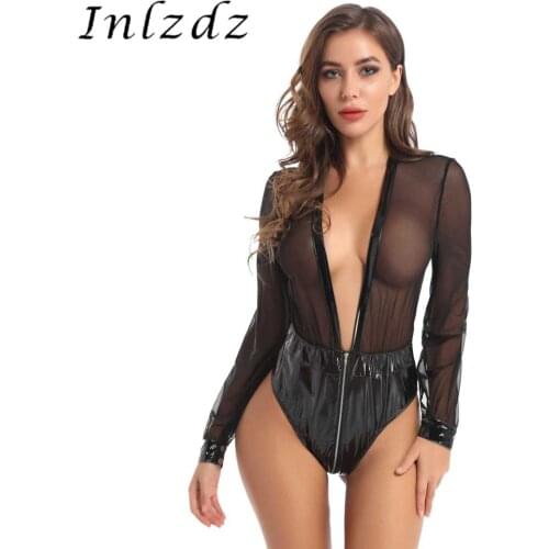 Womens Erotic Lingerie Bodysuit Sheer Mesh Wet Look Leather Patchwork Plunging Double-ended Zipper Female Sexy Leotard Bodysuit