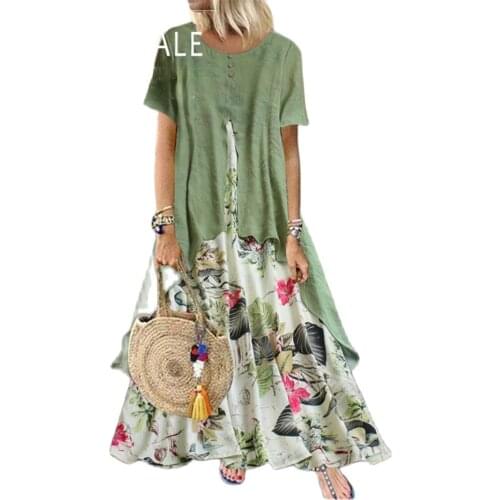 Spring and Summer New Cotton and Linen Printed Round Neck Fake Two-piece Y2k Dress Female 2021 Short-sleeved Orange Dress