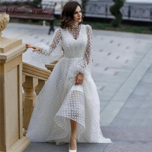 Hot Sale 2020 Sexy High Neck Polka Dot Applique Wedding Dress A Line Floor Length White Puff Sleeve Women Party Gown